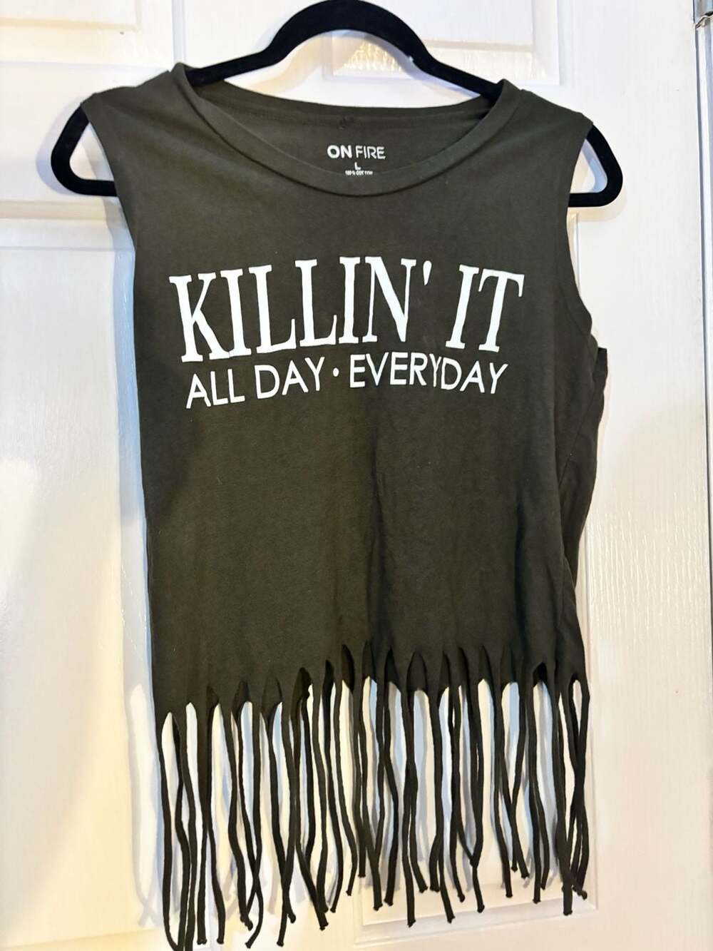 On Fire Women's Olive Green Killin' It All Day Everyday Fringe Tank Top L